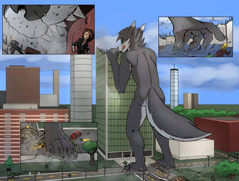 anthro building building_destruction claws cloud destruction fleeing fur green_eyes grey_body grey_fur group human_prey macro macro_pred male nude_macro oral_vore outside public public_nudity rear_view running scared sky teeth vore white_body white_fur anonymous_artist banryu canid canine canis human mammal wolf 2016 colored