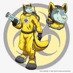 5_fingers anthro belt boots clothing fingers footwear furgonomic_headwear furgonomics gloves handwear hazmat_suit latex latex_suit male metal_boots shoes simple_background smile solo standing suit tail text tube visor yellow_clothing yellow_eyes yellow_snout yellow_suit kemira macchiato_coyote canid canine canis coyote mammal 2021 artist_name digital_drawing_(artwork) digital_media_(artwork) hi_res url