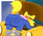 anthro big_butt bulge butt butt_focus car clothing coveralls eyewear eyewear_on_head fur goggles goggles_on_head huge_butt male short_stack simple_background slightly_chubby solo standing tail teapot_(body_type) thick_thighs tight_clothing vehicle wide_hips yellow_body yellow_fur thael nintendo warioware spitz_(warioware) domestic_cat felid feline felis mammal hi_res