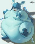 ambiguous_gender belly belly_overhang big_belly blue_body blue_eyes blue_sclera blush bodily_fluids cute_fangs double_chin embarrassed fangs fat_rolls feral flabby_arms glistening gloves_(marking) huge_belly huge_thighs hyper hyper_belly looking_at_viewer lying markings morbidly_obese morbidly_obese_feral motion_lines obese obese_feral on_ground on_side open_mouth overweight overweight_feral simple_background solo sound_effects sweat teeth text thick_arms thick_thighs bellylliumu oruka0827 nintendo pokemon eeveelution generation_4_pokemon glaceon pokemon_(species) 2022 full-length_portrait hi_res japanese_text portrait