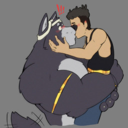 anthro blush duo fur grey_body grey_fur holding_another human_kissing_anthro kissing male male/male muscular muscular_anthro size_difference tail tail_motion tailwag mementomorioow adastra adastra_(series) echo_project amicus_(adastra) marco_(adastra) canid canine canis human mammal wolf