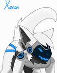 4_ears anthro bent_over blue_eyes fur grey_inner_ear grey_inner_ear_fluff inner_ear_fluff machine male multi_ear protogen_armor protogen_face protogen_visor raised_tail simple_background solo tail tuft white_background white_body white_fur xenontheprotogen protogen digital_drawing_(artwork) digital_media_(artwork) hi_res shaded soft_shading