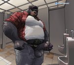 anthro balls barazoku bathroom beard belly biceps big_balls big_belly big_hands big_muscles big_penis black_body black_fur bodily_fluids body_hair bottomwear breath butt claws clothed clothing deltoids denim denim_bottomwear denim_clothing dripping dust erection facial_hair fingers flannel flannel_shirt forearm_muscles forearms fur genital_fluids genitals grin happy_trail hat hat_over_eyes headgear headwear humanoid_genitalia humanoid_penis jeans jockstrap leaking_precum male musclegut muscular muscular_anthro muscular_male obese obese_anthro obese_male overweight overweight_anthro overweight_male pants pattern_clothing pattern_topwear pecs penis plaid plaid_clothing plaid_topwear precum precum_drip pubes public_restroom shirt smile solo stain t-shirt teeth thick_thighs throbbing throbbing_balls tile topwear triceps underwear urinal urinal_peeking gavel_(artist) bear black_bear mammal ursine animated digital_media_(artwork) hi_res pixel_(artwork) pixel_animation short_playtime