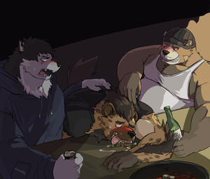 5_fingers anthro black_nose blush bodily_fluids bottle clothed clothing container drunk fingers fur group holding_bottle holding_container holding_object male markings saliva spots spotted_body substance_intoxication teeth tongue tongue_out topwear warr bear canid canine hyena mammal spotted_hyena 2019 absurd_res hi_res