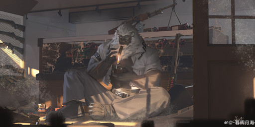anthro beard black_sclera blue_eyes bottomwear cigar cigar_in_mouth claws clothed clothing facial_hair fire front_view fur grey_body grey_bottomwear grey_clothing grey_fur grey_pants gun heterochromia holding_lighter holding_object inside lighter male male_anthro mane muscular muscular_anthro muscular_male object_in_mouth open_clothing open_topwear pants ranged_weapon sitting solo text toe_claws topwear weapon white_beard white_claws white_clothing white_facial_hair white_mane white_topwear yellow_eyes awaldkize felid lion mammal pantherine absurd_res english_text hi_res
