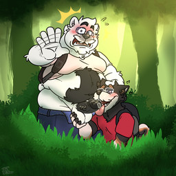 anthro backpack balls belly big_belly blush bodily_fluids body_hair bottomwear bottomwear_down caught_in_the_act clothed clothes_sex clothing detailed_background duo emanata erection eyewear facial_tuft fellatio foreskin genital_fluids genitals glasses grass hand_on_head happy_trail holding_balls humanoid_hands licking looking_at_viewer looking_pleasured male male/male moobs obese obese_anthro obese_male open_bottomwear open_clothing open_pants oral outside outside_sex overweight overweight_anthro overweight_male pants pants_down partially_clothed penile penis penis_lick plant precum public public_sex raised_clothing raised_shirt raised_topwear sex shirt surprised tongue topwear tuft thetauren burr_(thetauren) chip_(gayandfragile) bear canid canine canis domestic_dog mammal polar_bear shiba_inu spitz ursine 1:1 2025 hi_res
