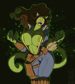 amber_eyes anthro areola belt big_breasts breasts brown_hair clothed clothing fangs female fur green_body green_fur hair open_mouth solo teeth conditional_dnp jollyjack fallout microsoft domestic_cat felid feline felis mammal 2018