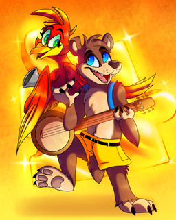 4_fingers banjo_(instrument) beak blue_eyes duo female fingers male musical_instrument open_mouth plucked_string_instrument string_instrument teeth tongue plaguedogs123 banjo-kazooie rareware banjo_(banjo-kazooie) kazooie avian bear bird breegull mammal absurd_res hi_res