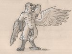 anthro armpit_hair balls beak bodily_fluids body_hair casual_nudity feathered_wings feathers feet foreskin genitals hand_behind_head humanoid_genitalia humanoid_penis long_foreskin looking_at_viewer male muscular nude orange_eyes penis solo stretching sweat sweaty_balls sweaty_genitalia talons toes vein veiny_penis wings sillywerwolf guardian_(nightreign) accipitrid accipitriform avian bird eagle hi_res traditional_media_(artwork)