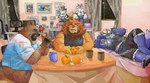 anthro black_nose blue_body book bookshelf bottomwear brown_body clothing countershading detailed_background eyes_closed food fruit furniture group humanoid_hands inside kemono lying male night orange_(fruit) overweight overweight_male plant plushie shirt shorts sitting topwear bonbonbear tuokemao lifewonders tokyo_afterschool_summoners fenrir_(tas) horkeu_kamui_(tas) ross_(rossciaco) yasuyori_(tas) canid canine canis domestic_dog felid lion mammal pantherine wolf 2022 hi_res