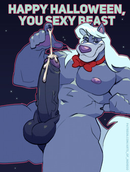 anthro balls big_muscles big_pecs blue_body blue_fur bodily_fluids bow_tie bow_tie_only claws cum cum_string ejaculation erection fur genital_fluids genitals hair half-closed_eyes holidays humanoid_genitalia humanoid_penis long_hair looking_at_viewer male mostly_nude muscular muscular_male narrowed_eyes navel night nipples nude pawpads pecs penis purple_nipples purple_nose purple_pawpads seductive sky smile solo star starry_sky text vein veiny_penis white_hair indiego animaniacs halloween mythology warner_brothers wilford_wolf canid canine canis mammal mythological_canine mythological_creature werecanid werecanine werecreature werewolf wolf 2025 hi_res watermark