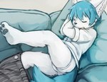 3_toes ambiguous_gender anthro blue_body blue_fur blue_hair blue_tail bottomwear briefs bulge clothing cute_fangs eyes_closed fangs feet fluffy fur grey_bottomwear grey_clothing hair inner_ear_fluff kemono monotone_briefs monotone_clothing monotone_underwear on_furniture open_mouth pattern_bottomwear pattern_clothing pillow shirt sleeping solo striped_bottomwear striped_clothing stripes t-shirt tail teeth tighty_whities toes topwear tuft underwear white_body white_briefs white_clothing white_fur white_inner_ear_fluff white_topwear white_underwear young young_anthro naegi teru_(naegi) canid canine fox mammal 2016 2020 digital_media_(artwork) digital_painting_(artwork) hi_res shaded