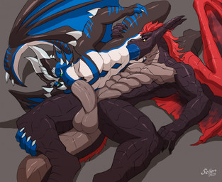 2_horns 69_position abs anthro balls black_body black_scales blue_body blue_penis calf_grab duo ear_frill facial_horn facial_spikes fellatio frill_(anatomy) genitals green_eyes grey_background grey_body grey_penis grey_scales hair horn humanoid_genitalia humanoid_penis leg_grab lying male male/male membrane_(anatomy) membranous_wings muscular muscular_anthro muscular_male nose_horn nude on_back oral oral_penetration pecs penetration penile penile_penetration penis penis_in_mouth red_hair scales sex simple_background spikes spikes_(anatomy) tail_mane text thigh_grab white_body wings yellow_eyes sellon mythology veedra_(veedradragon) xekri dragon mythological_creature mythological_scalie scalie 2025 artist_name dated digital_media_(artwork) hi_res