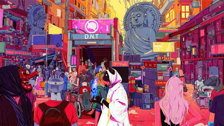 anthro biped black_body black_fur city clothing cyberpunk detailed_background female fur group hair hoodie long_hair machine male mask pink_hair sculpture statue topwear white_clothing white_hoodie white_topwear guangyuan_yu alligator alligatorid canid canine canis crocodilian domestic_cat domestic_dog felid feline felis human humanoid mammal reptile robot scalie 16:9 2019 detailed hi_res widescreen
