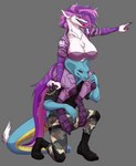 anthro big_breasts blue_body blue_skin breasts claws clothing duo female fur green_eyes hair male purple_body purple_fur purple_hair purple_skin red_eyes russian_flag smile tail white_body white_fur white_skin alexandra_reznova reptile scalie sergal snake absurd_res hi_res