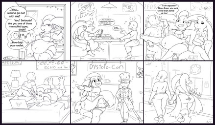 anthro belly breasts butt dialogue female group male overweight sitting speech_bubble text trio axlwisp nintendo pokemon anon jackie_(axlwisp) generation_4_pokemon human lopunny mammal pokemon_(species) 2020 absurd_res comic english_text hi_res