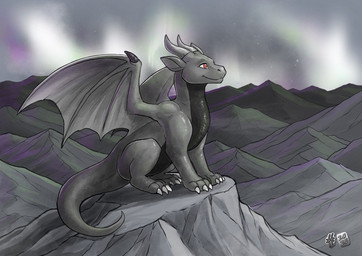 ambiguous_feral ambiguous_gender aurora_(phenomenon) black_body claws feral grey_body grey_horn grey_tail grey_wings horn membrane_(anatomy) membranous_wings mouth_closed outside red_eyes side_view sky solo tail white_claws wing_claws wings hufnaar mythology dragon mythological_creature mythological_scalie scalie 2025 dated