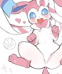 ambiguous_gender blue_eyes blush blush_lines fangs featureless_crotch feral fur heart_symbol love_ball open_mouth pawpads paws pink_body pink_fur pokeball ribbons_(anatomy) simple_background solo sparkles spread_legs spreading tail teeth white_body white_fur samuten nintendo pokemon eeveelution generation_6_pokemon pokemon_(species) sylveon 2025 hi_res