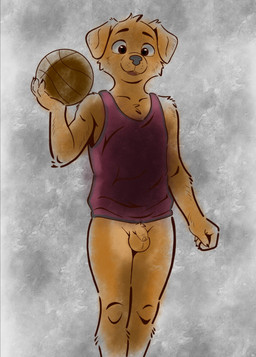 anthro ball balls basketball_(ball) biped bottomless bottomless_anthro bottomless_male clothed clothing eyebrows flaccid floppy_ears foreskin genitals humanoid_genitalia humanoid_penis male penis solo young young_anthro young_male anicrossbear bird_dog canid canine canis domestic_dog golden_retriever hunting_dog mammal retriever hi_res