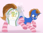 alphagatorz_(diaper) amber_eyes big_diaper blue_body blush brown_hair brown_tail butt butt_grab clothed clothing diaper diaper_fetish disembodied_hand female footwear grope hair hand_on_butt hand_on_diaper horn legwear mane multicolored_hair multicolored_mane open_mouth open_smile pattern_clothing pattern_diaper pattern_footwear pattern_legwear pattern_socks patting patting_diaper pink_background pink_clothing pink_footwear pink_socks shocked simple_background smile socks solo sound_effects striped_clothing striped_footwear striped_socks stripes tail touching_diaper two_tone_hair two_tone_mane two_tone_tail wearing_diaper shuphle abuniverse alphagatorz hasbro my_little_pony mythology fan_character retro_bit_(whytebyte) equid equine mammal mythological_creature mythological_equine unicorn hi_res