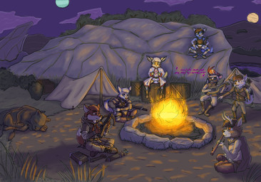 anthro avestan_text fantasy feral group magic male music outside young petitluca dungeons_and_dragons hasbro wizards_of_the_coast caylin dogering luca_(petitluca) sepfy siren_(mooncalled) canid canine canis deer displacer_beast fennec_fox fox hybrid mammal mephitid red_fox skunk striped_skunk true_fox wolf absurd_res hi_res