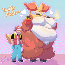 3_toes anthro belly big_breasts blue_background blush bottomwear breasts clothing duo eyelashes featureless_breasts feet female fire food fur glistening glistening_body glistening_fur gradient_background half-closed_eyes hand_in_pocket hat headgear headwear holding_food holding_object huge_breasts inner_ear_fluff larger_anthro larger_female male master narrowed_eyes navel obese obese_anthro obese_female outline overweight overweight_anthro overweight_female pants pink_background pockets red_body red_clothing red_fur red_hat red_headwear red_nose red_shirt red_topwear shirt simple_background size_difference smile standing stick text thanking thick_thighs tilde_after_text toes topwear tuft white_body white_fur white_outline wide_hips litonyle mcdonald's nintendo pokemon red_(pokemon) delphox generation_6_pokemon human mammal pokemon_(species) 2026 absurd_res english_text hi_res