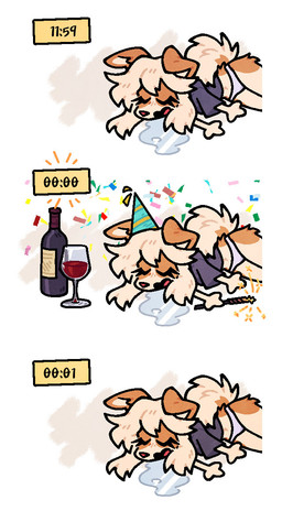 3_fingers 3_panel_comic alcohol anthro beverage blush bodily_fluids celebration clothing confetti container countdown cup drinking_glass drooling drunk eyes_closed feet female fingers fireworks fluffy glass glass_container glass_cup hat headgear headwear holidays lying on_side open_mouth party_hat saliva simple_background solo sparkler substance_intoxication tail time unconscious vertical vomit white_background wine wine_bottle wine_glass bagelcollie new_year new_year_2026 bagel_(bagelcollie) canid canine canis collie domestic_dog herding_dog mammal pastoral_dog sheepdog 2026 comic digital_media_(artwork) flat_colors