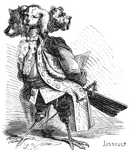 3_heads anthro claws clothed clothing coat feathers floppy_ears fully_clothed fur male melee_weapon multi_head rapier solo standing sword topwear weapon louis_le_breton dictionnaire_infernal mythology cerberus_(mythology) avian bird bird_dog bloodhound canid canine canis corvid corvus_(genus) demon domestic_dog hunting_dog hybrid mammal oscine passerine raven scent_hound spaniel 1863 19th_century ancient_art black_and_white hi_res monochrome signature