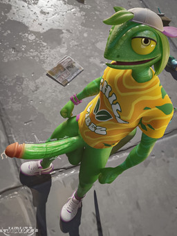 anthro backwards_baseball_cap backwards_hat balls baseball_cap big_penis bodily_fluids bottomless bottomless_anthro bottomless_male clothed clothing cum genital_fluids genitals glans green_balls green_penis hat headgear headwear huge_penis humanoid_genitalia humanoid_penis long_penis looking_at_viewer male pantsless penis slim slim_anthro slim_male solo standing tan_glans jaiblizz epic_games fortnite ziggy_(fortnite) chameleon lizard reptile scalie 3d_(artwork) digital_media_(artwork)