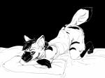 anthro ass_up bed claws clothed clothing female fur furniture hair looking_at_viewer lying on_bed on_front pillow solo striped_body striped_fur stripes cloven-jitsu pack_street anneke_(weaver) aardwolf hyena mammal black_and_white monochrome