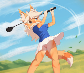 anthro blue_clothing blue_eyes blue_shirt blue_topwear bottomwear clothed clothing female fur genitals golf golf_club grass hair inner_ear_fluff multicolored_body multicolored_fur no_underwear orange_body orange_ears orange_fur outside plant shirt skirt smile solo sport tail topwear tuft upskirt vulva white_body white_bottomwear white_clothing white_fur white_hair white_skirt verlista domestic_cat felid feline felis mammal tabby_cat absurd_res digital_media_(artwork) hi_res watermark