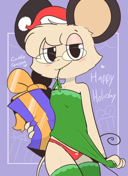 anthro bedroom_eyes bite clothing female imminent_cuddling legwear mistletoe narrowed_eyes panties plant seductive sleeveless_clothing solo thigh_highs topwear underwear theartmanor molte mammal murid murine rodent hi_res