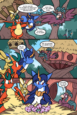 2_horns 3_panel_comic ambiguous_gender beak belly biped black_nose black_text blue_body blue_fur blue_hair blue_wings brown_body cheek_tuft claws dialogue door egg exclamation_point eyebrows eyelashes eyes_closed facial_tuft feathered_wings feathers feral finger_claws floating flying fur green_eyes group hair horn inside jewelry looking_at_another motion_lines mouth_closed open_door open_mouth orange_body outside page_number pendant pink_eyes plant question_mark red_eyes scales speech_bubble tail tail_feathers talking_to_another text toe_claws tongue toony translucent translucent_hair tree tuft white_sclera window wings wood wood_door virmir mythology renbrand roko_kirihoko saida avian canid canine couatl dragon feathered_scalie feathered_snake fox mammal mythological_creature mythological_scalie reptile scalie snake 2025 2:3 absurd_res comic english_text hi_res signature