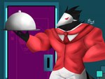 anthro clothing male necktie red_clothing red_eyes red_necktie serving serving_tray solo suit waiter blecksart deltarune undertale_(series) animal_humanoid avian avian_humanoid humanoid swatchling