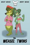 anthro blue_eyes duo female fur green_body green_fur green_hair hair male ponytail text yellow_sclera kendratheshinyeevee fan_character wacky_weasel wendy_weasel_(kendraeevee) mammal mustelid musteline true_musteline weasel english_text hi_res brother_(lore) brother_and_sister_(lore) sibling_(lore) sister_(lore) twins_(lore)