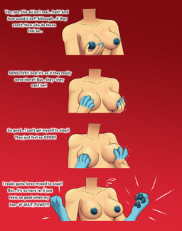 breasts brown_hair dialogue female gender_transformation hair hand_on_breast handpaw hands_to_paws human_to_feral loss_of_dexterity mtf_transformation nipples nude pawpads paws red_background simple_background solo species_transformation text transformation transformation_sequence flybeeth nintendo pokemon jaki-kun_(character) canid eeveelution generation_1_pokemon human mammal pokemon_(species) vaporeon 2024 absurd_res digital_media_(artwork) english_text hi_res