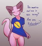 ableist_slur anthro bottomless clothed clothing dialogue female female_anthro genitals horn insult insulting_viewer looking_at_viewer narrowed_eyes pink_body pussy question_mark red_eyes shirt shirt_only simple_background slur solo tail text text_on_clothing text_on_shirt text_on_topwear topwear topwear_only jarnqk lidl lya_(jarnqk) kobold reptile scalie 2023 absurd_res digital_media_(artwork) english_text hi_res signature