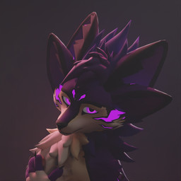 anthro bioluminescence black_body black_fur fur glowing glowing_eyes glowing_markings hand_on_chest looking_at_viewer male markings purple_body purple_eyes purple_fur rim_lighting simple_background solo tuft stolenname blender_cycles lumin_(stolenname) canid canine fennix fox mammal 1:1 3d_(artwork) blender_(artwork) bust_portrait digital_media_(artwork) icon portrait