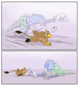 brown_body brown_fur duo female feral feral_pred fur imminent_vore larger_pred oblivious simple_background size_difference speed_lines unaware_prey dweet-tea mythology nintendo pokemon avian espathra generation_9_pokemon gryphon mythological_avian mythological_creature pokemon_(species) 2023 comic hi_res