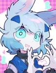 abstract_background anthro blue_eyes blue_hair clothed clothing female fur hair heart_sign kemono open_mouth open_smile smile solo white_body white_fur zhang_gun ah_xin_(zhang_gun) lagomorph leporid mammal rabbit 2023 bust_portrait hi_res portrait