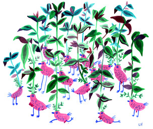 beak breasts busty_feral feathers female feral flaccid genitals group male nipples penis plant plant_on_head simple_background standing tail tail_feathers walking white_background lisa_hanawalt avian bird hi_res traditional_media_(artwork)