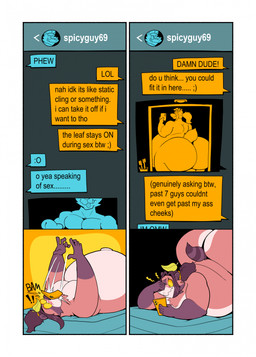 anthro aroused aroused_anthro aroused_male belly big_belly big_butt big_penis black_body black_fur black_hair blush blush_lines brown_body brown_fur butt cellphone dick_pic duo electronics erection fur genitals hair holding_cellphone holding_object holding_phone holding_smartphone huge_belly huge_butt huge_penis hyper hyper_belly hyper_butt hyper_genitalia hyper_penis leaf male male/male markings morbidly_obese morbidly_obese_anthro morbidly_obese_male multicolored_body multicolored_fur muscular muscular_anthro muscular_male nude nude_anthro nude_male obese obese_anthro obese_male overweight overweight_anthro overweight_male pecs penis phone ponytail selfie smartphone striped_markings striped_tail stripes surprised tail tail_markings text text_message texting tied_hair yellow_sclera ruffythelion grindr nintendo pokemon cookie_(ruffythelion) sriracha_(ruffythelion) canid canine elemental_creature felid generation_7_pokemon incineroar mammal pantherine pokemon_(species) raccoon_dog tanuki tiger 2026 comic english_text hi_res multiple_scenes