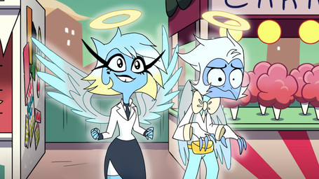 back_wings blonde_hair blue_body blue_hair blue_skin bow_tie candy cartoon_freckles clothing cotton_candy dessert dress duo eyelashes fanny_pack feathered_wings feathers female fingerless_gloves food freckled_face freckles gloves gradient_hair hair halo handwear jacket long_eyelashes male markings mole_(marking) screencap screencap_background tear_trough topwear wings emositecc vivzmind hellaverse helluva_boss millie_(helluva_boss) moxxie_(helluva_boss) angel angel_humanoid humanoid 16:9 hi_res widescreen