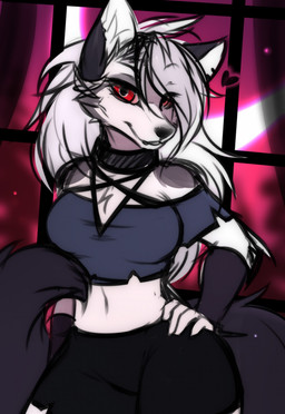 anthro black_bottomwear black_choker black_clothing black_ears black_jewelry black_necklace black_pants bottomwear cheek_tuft choker clothed clothing ear_piercing ear_ring eyelashes facial_tuft fangs female front_view fur grey_body grey_clothing grey_fur grey_topwear hair hand_on_hip heart_symbol inner_ear_fluff jewelry looking_at_viewer narrowed_eyes necklace pants piercing red_eyes ring_piercing smile solo standing teeth topwear tuft unsigned white_body white_fur white_hair white_inner_ear white_inner_ear_fluff bloominglynx hellaverse helluva_boss mythology loona_(helluva_boss) canid canid_demon canine demon hellhound mammal mythological_canine mythological_creature 2022 colored_sketch hi_res sketch