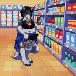 animal_genitalia animal_penis anthro ball_tuft balls basket belly big_balls black_hair black_penis black_sclera bottomless breasts butt canine_genitalia canine_penis casual_erection casual_exposure casual_hyper chest_tuft clothed clothing container crop_top electronics erection flannel fluffy fluffy_tail fur fuzzy_balls genitals grey_body grey_fur groceries grocery_store gynomorph hair huge_balls hyper hyper_balls hyper_genitalia intersex knot looking_at_object looking_at_phone midriff navel overweight penis phone pubes public public_erection public_exposure shadow shirt shopping shopping_basket slightly_chubby slightly_chubby_intersex solo spots tail thick_thighs topwear topwear_only tuft white_belly zairuz lilithdog canid canine canis mammal wolf absurd_res hi_res