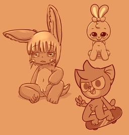4_fingers accessory anthro balls big_eyes big_head big_iris blep blush bow_(feature) bow_accessory bow_ribbon butt butt_from_the_front casual_nudity centered_hair_bow clitoris eyebrow_through_hair eyebrows fangs female fingers flaccid flat_chested fur fur_tuft genitals gesture glistening glistening_eyes group hair hair_accessory hair_bow hair_ribbon hand_gesture head_tuft humanoid_hands innie_vulva iris kneeling leaning leaning_backward loli looking_at_viewer male navel nipples no_pupils nude open_mouth open_smile penis pointy_ears presenting prick_ears pupils ribbons short_hair shota sitting skateboard skateboarding smile smiling_at_viewer spread_legs spreading tail teeth thin_eyebrows tongue tongue_out translucent translucent_hair tuft v_sign vehicle vulva young young_anthro polygon5 made_in_abyss murphy_and_mitzi playkids mimi_(playkids) murphy_(ajmarekart) nanachi domestic_cat felid feline felis lagomorph leporid mammal narehate rabbit 2021 digital_drawing_(artwork) digital_media_(artwork) monochrome sepia
