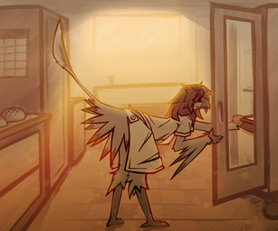 anthro apron bakery bread calendar clothing food hair leaning leaning_forward long_hair long_tail male morning shirt short_sleeves smile solo standing tail topwear tray winged_arms wings conditional_dnp lodi_(artist) sam_(kauli) avian nevrean 6:5 hi_res restricted_palette