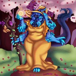 3_toes 4_arms 4_breasts 4_fingers anthro big_breasts biped black_body blue_body blue_hair breasts chest_tuft claws clothed clothing energy_ball feet female female_anthro fingers flower fur golden_clothing hair hat headgear headwear horn long_hair long_tail mane markings multi_arm multi_breast multi_limb plant solo spots spotted_body tail toes tuft witch_hat zortrex mythology shadelyn_(zortrex) dragon furred_scalie myceelidos_(zortrex) mythological_creature mythological_scalie scalie 1:1 absurd_res hi_res