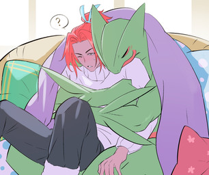 accessory anthro bedding blanket bottomwear clothed clothing duo eyes_closed fully_clothed hair hair_accessory hair_tie hug hugging_another hugging_from_behind long_hair male male/male one_eye_closed pants pillow question_mark romantic romantic_couple sitting surprise_hug sweater tied_hair topwear under_blanket laiweitui nintendo pokemon a_mu_(laiweitui) fang_yuan_(laiweitui) pokemon_trainer generation_3_pokemon human mammal pokemon_(species) reptile scalie sceptile hi_res