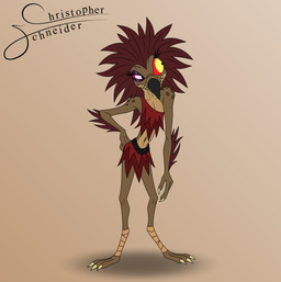 3_toes ankle_wraps anthro arm_feathers arm_tuft beak bottomwear brown_body brown_feathers clothed clothed_anthro clothed_female clothing eye_scar eyebrows eyelashes facial_scar feather_hair feathered_crest feathers feet female female_anthro flat_chested hand_on_hip head_crest heterochromia pseudo_hair purple_eyes raised_eyebrow red_sclera scales scar simple_background skirt solo standing tan_body tan_scales toes tuft yellow_eyes christopher_schneider halo_(series) microsoft xbox_game_studios alien avian kig-yar scalie t'vaoan absurd_res colored hi_res